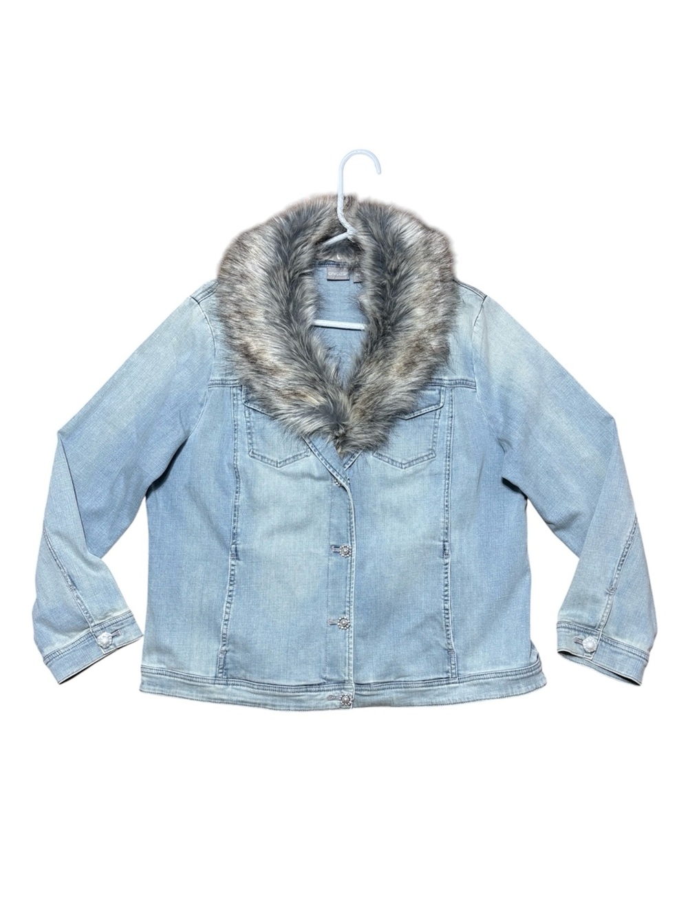 Chico’s Faux Fur-Trim Lightwash Denim Jeans Jacket NWOT Chico’s Sz 3/US Sz XL/16